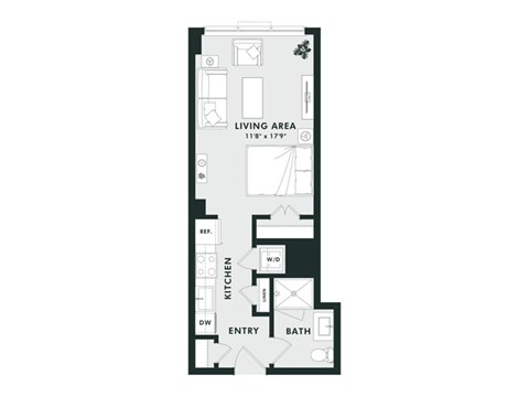 A floor plan of a small apartment with a living area, kitchen, bathroom, and entry.